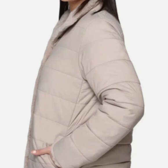 NWT Nicole Miller Reversible Faux Fur Puffer Jacket Tan Size Small - Picture 5 of 16